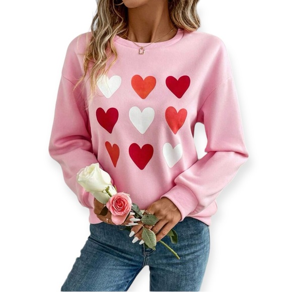SHEIN Heart Graphic Sweatshirt Multi Colored Hearts Light Pink Valentines NWT - Picture 3 of 9